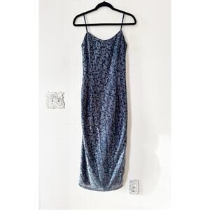 Vintage 90s Gunnie Sax Metallic Silver Navy Floral Jacquard Slip Dress M 9/10